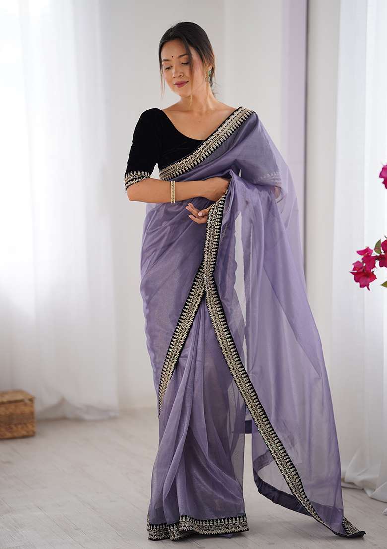 Lavender Printed Net Saree Set - Indya