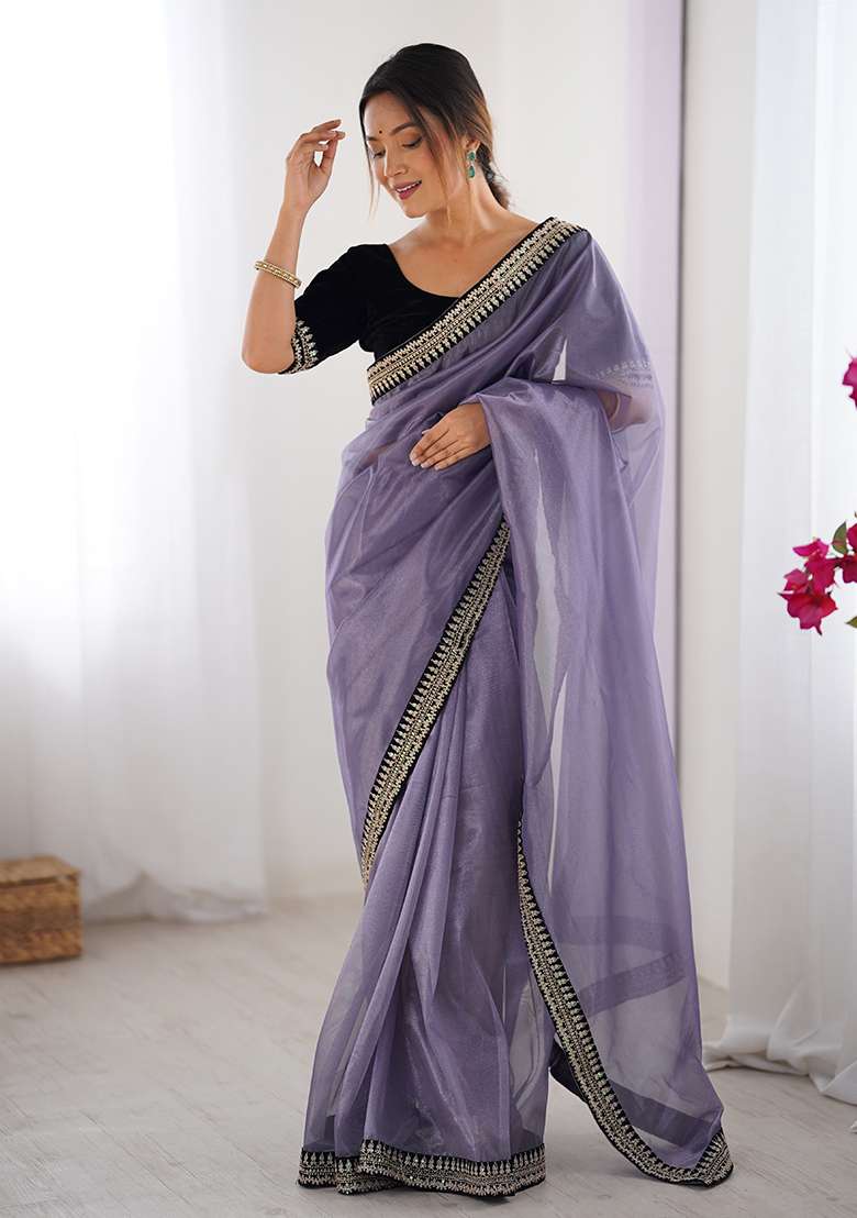 Lavender Printed Net Saree Set - Indya