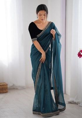 Teal Blue Printed Net Saree Set