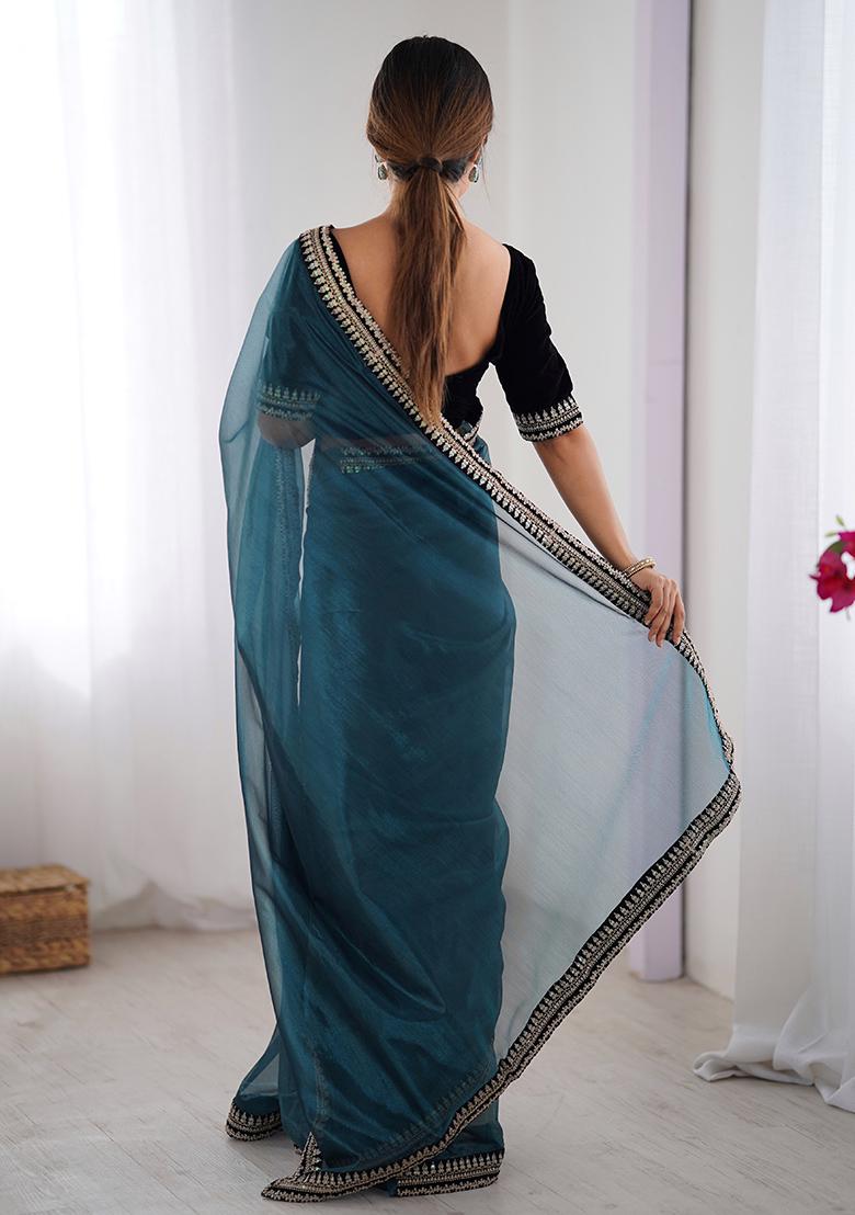 Teal Blue Printed Net Saree Set