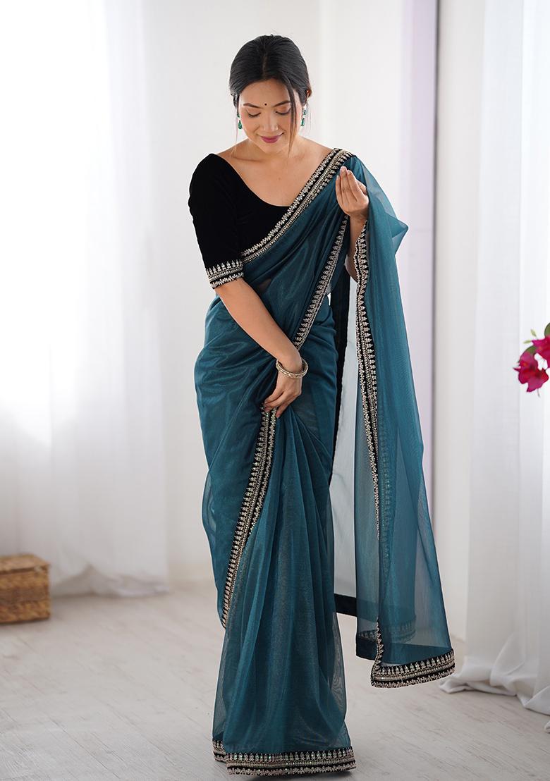 Teal Blue Printed Net Saree Set