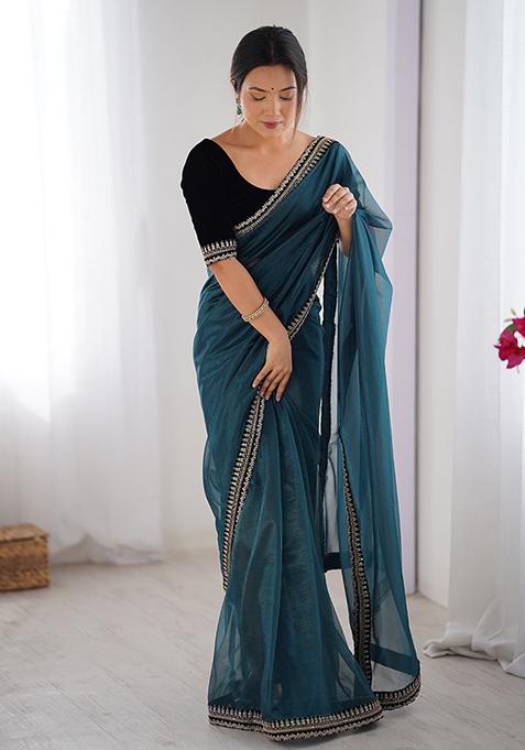 Teal Blue Printed Net Saree Set