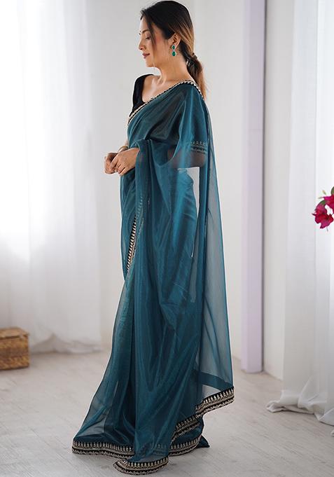 Teal Blue Printed Net Saree Set
