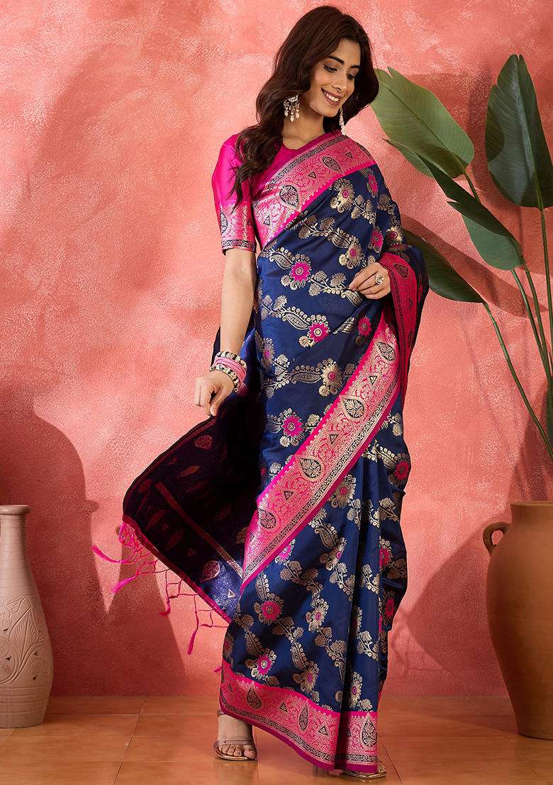 Blue Woven Silk Blend Saree Set - Indya