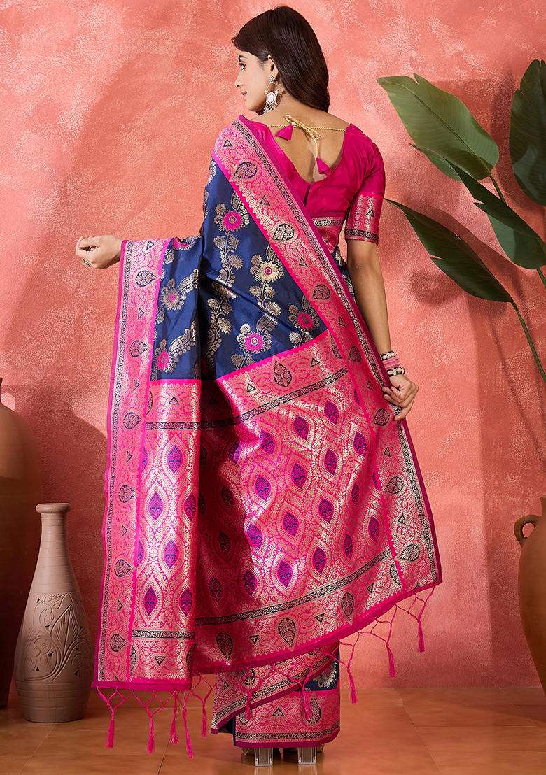 Blue Woven Silk Blend Saree Set - Indya