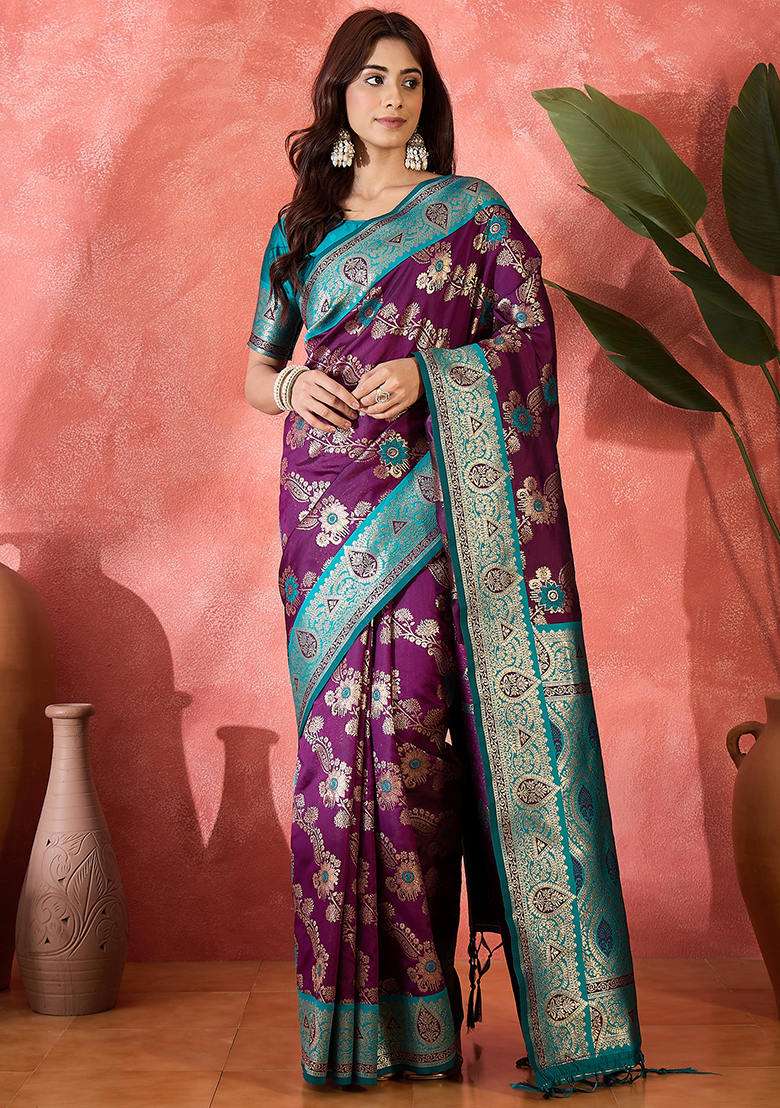 Wine Woven Silk Blend Saree Set - Indya
