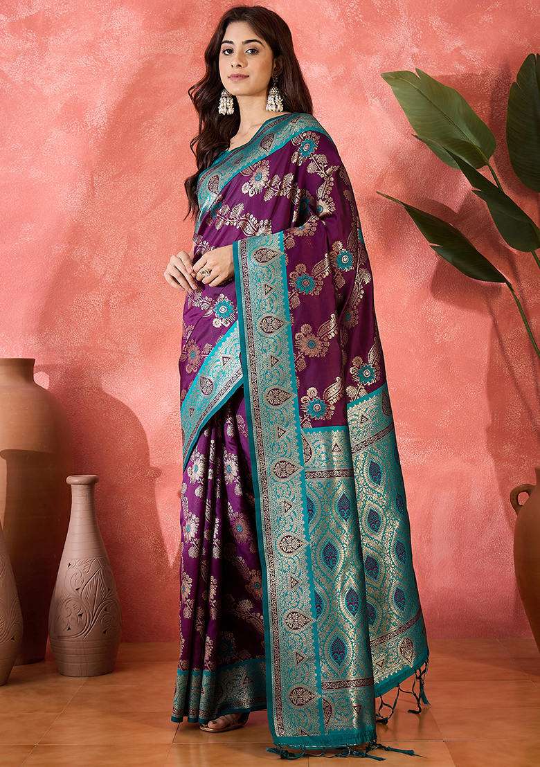 Wine Woven Silk Blend Saree Set - Indya