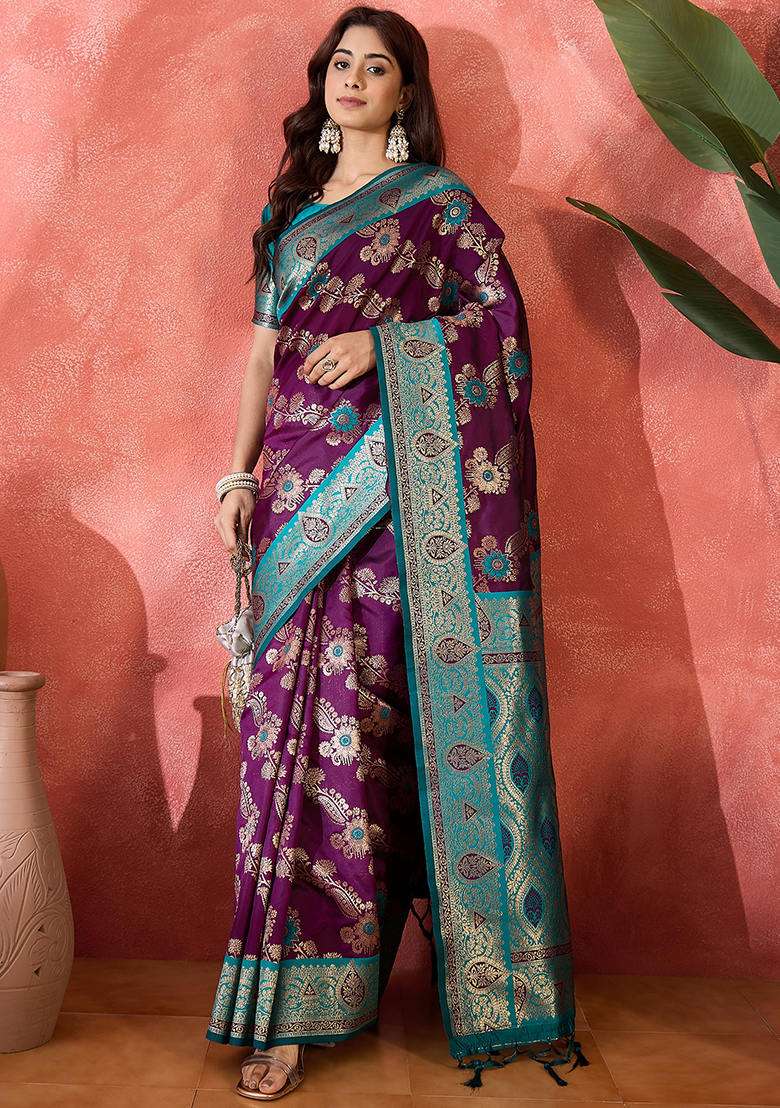 Wine Woven Silk Blend Saree Set - Indya