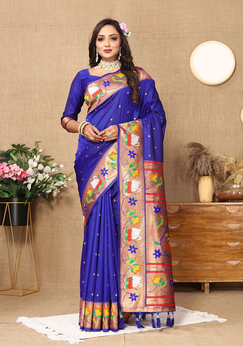 Blue Woven Silk Blend Saree Set for Diwali and Festive Wear - Indya