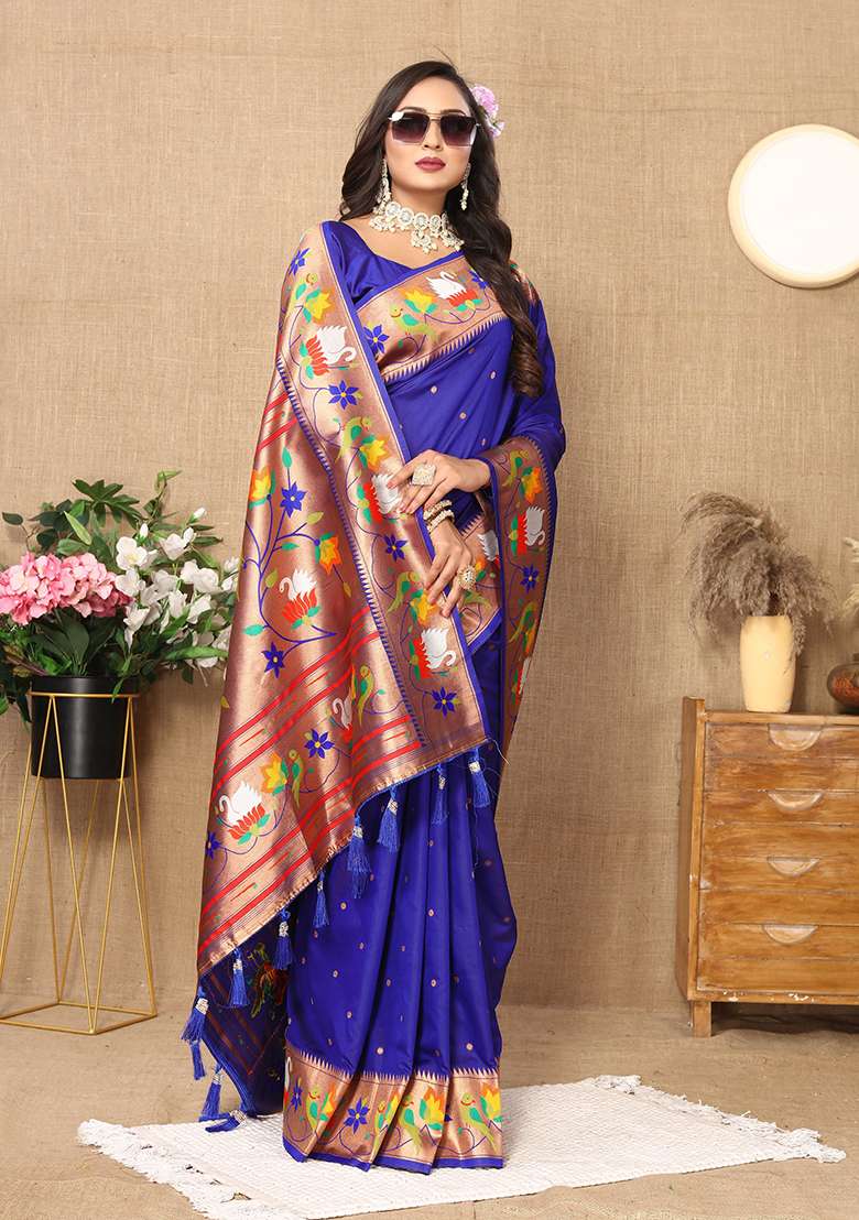 Blue Woven Silk Blend Saree Set for Diwali and Festive Wear - Indya