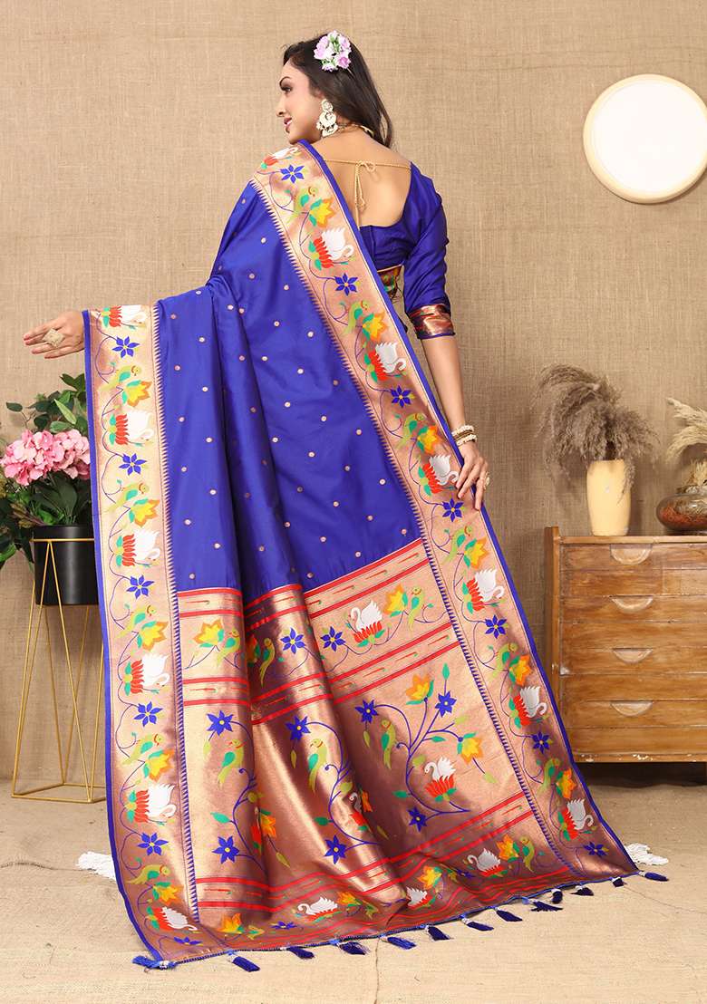 Blue Woven Silk Blend Saree Set for Diwali and Festive Wear - Indya