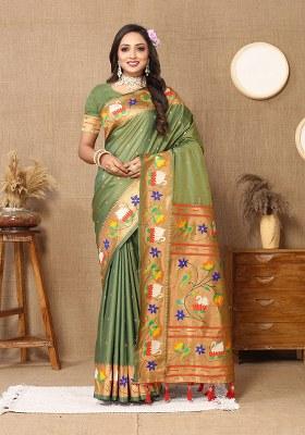 Green Woven Silk Blend Saree Set