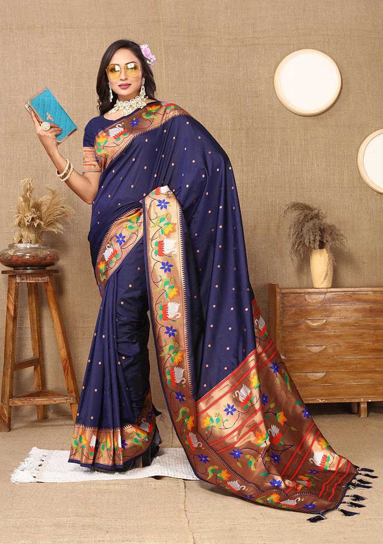 Navy Blue Woven Silk Blend Saree Set