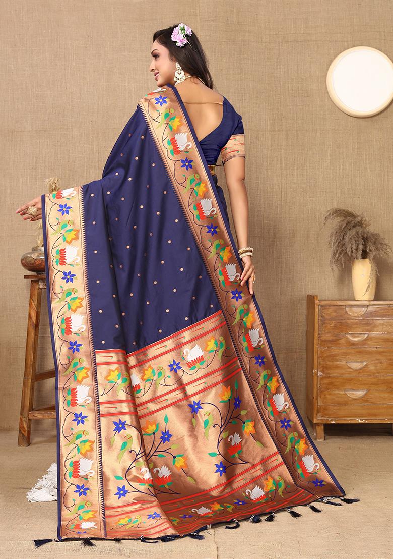 Navy Blue Woven Silk Blend Saree Set