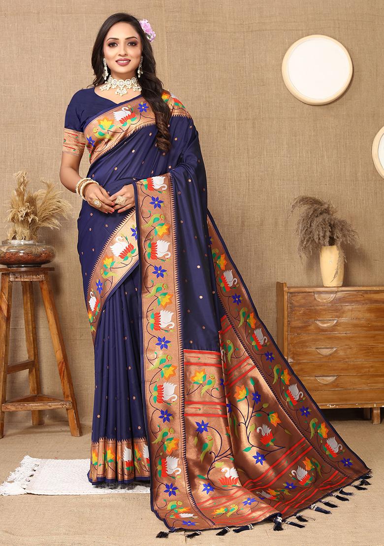 Navy Blue Woven Silk Blend Saree Set