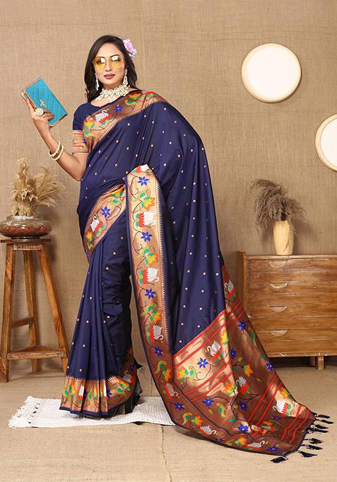 Navy Blue Woven Silk Blend Saree Set