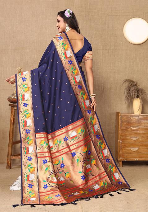 Navy Blue Woven Silk Blend Saree Set