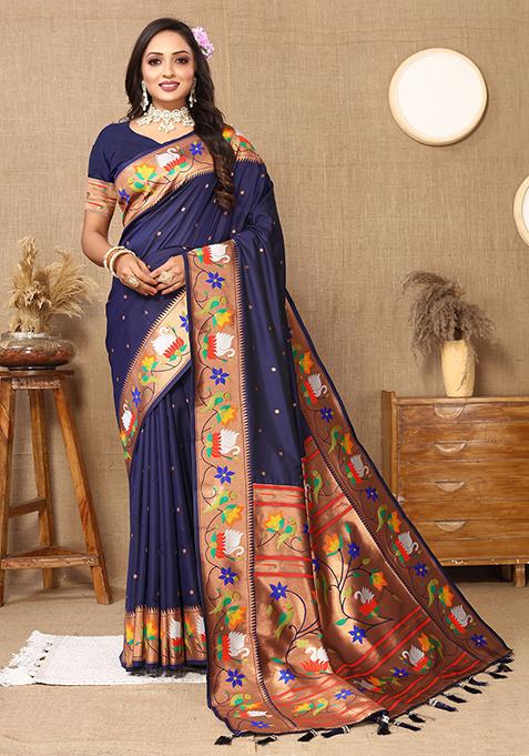 Navy Blue Woven Silk Blend Saree Set
