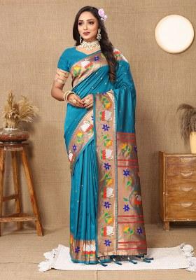 Teal Blue Woven Silk Blend Saree Set