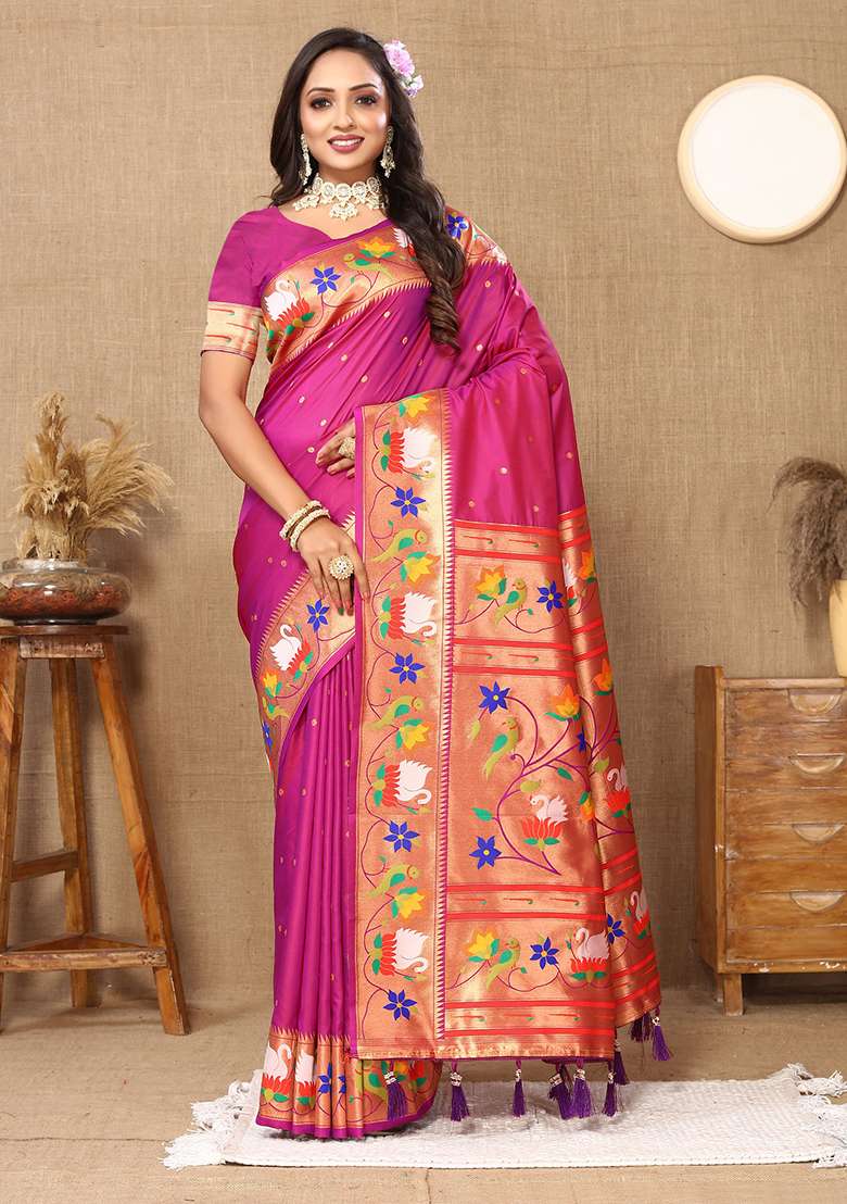 Magenta Woven Silk Blend Saree Set for Diwali and Festive Wear - Indya