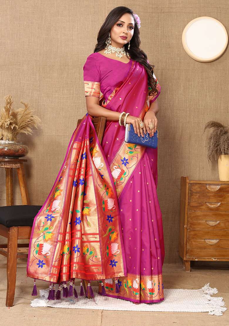 Magenta Woven Silk Blend Saree Set for Diwali and Festive Wear - Indya