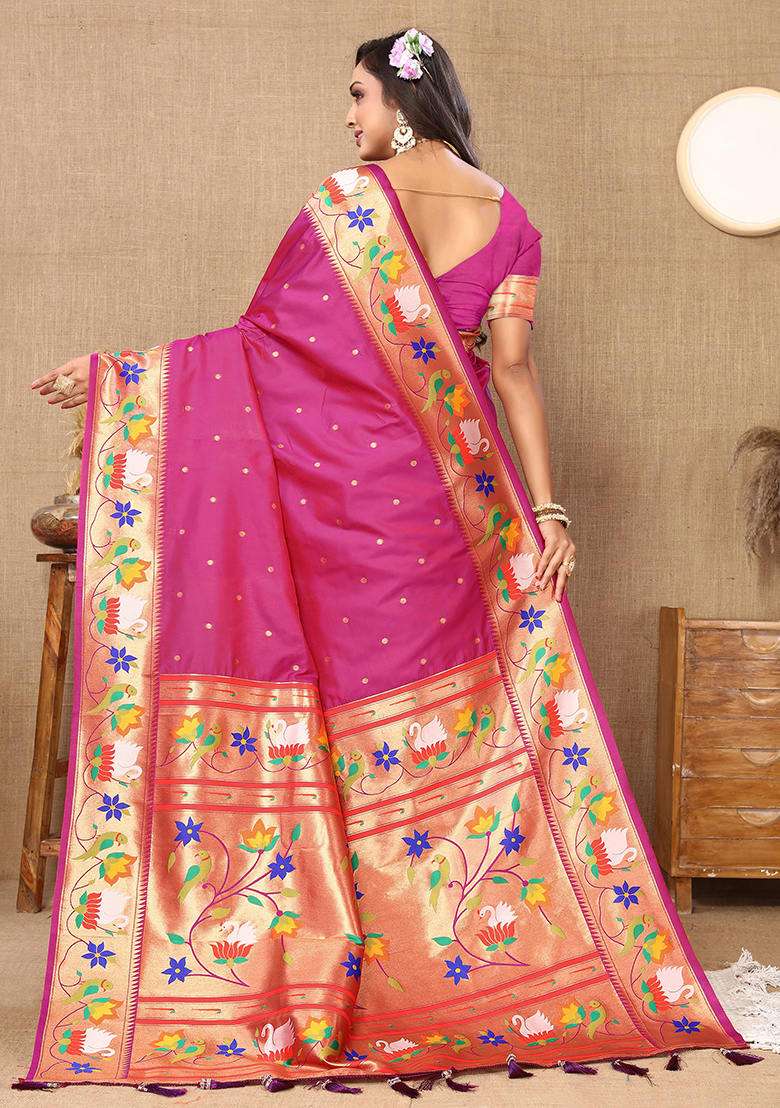 Magenta Woven Silk Blend Saree Set for Diwali and Festive Wear - Indya