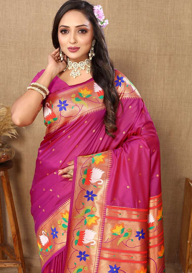 Magenta Woven Silk Blend Saree Set for Diwali and Festive Wear - Indya