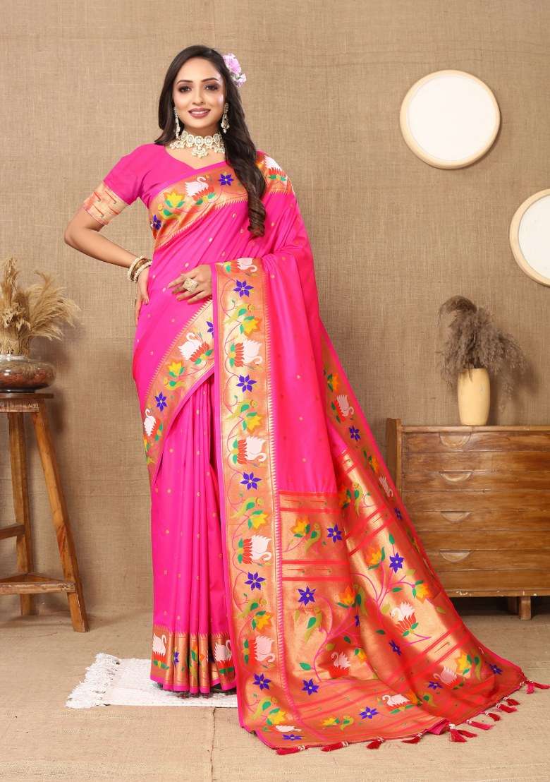 Pink Woven Silk Blend Saree Set for Diwali | Wedding & Festive Wear - Indya