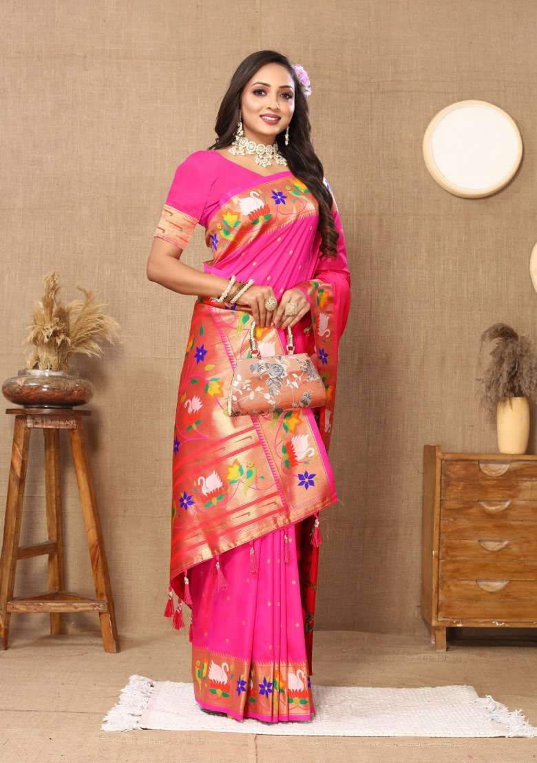 Pink Woven Silk Blend Saree Set for Diwali | Wedding & Festive Wear - Indya