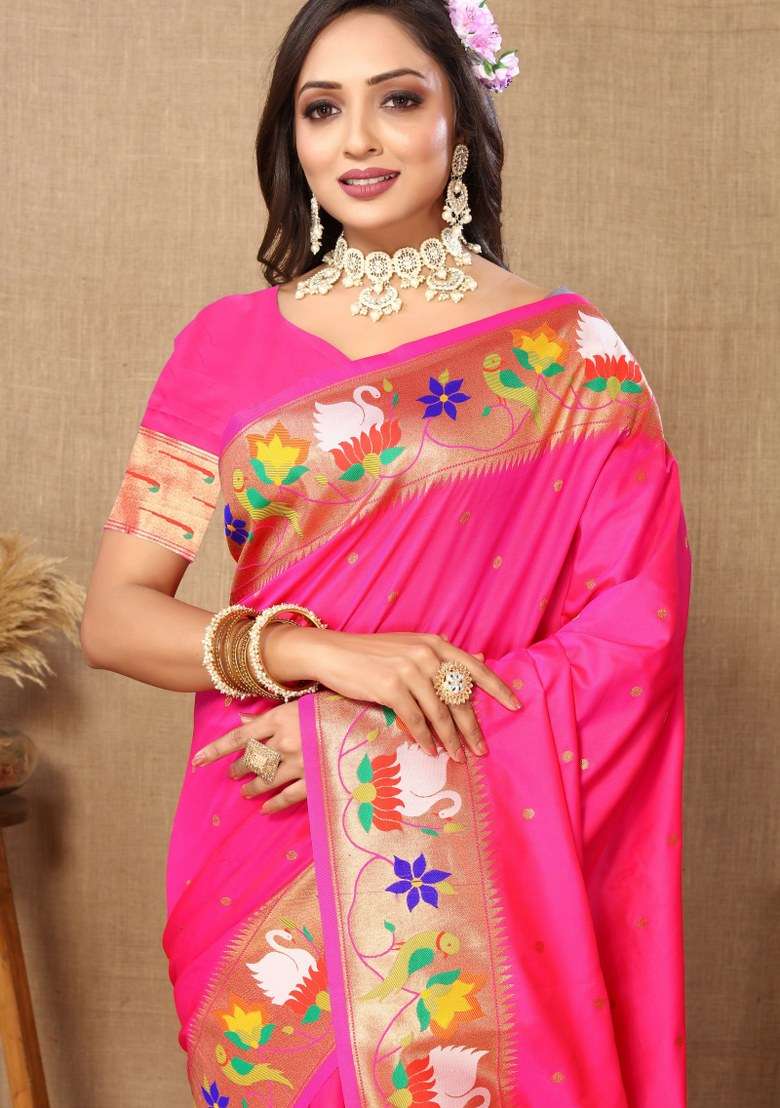 Pink Woven Silk Blend Saree Set for Diwali | Wedding & Festive Wear - Indya