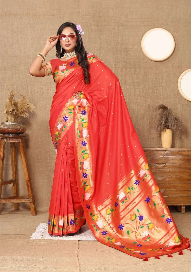 Red Woven Silk Blend Saree Set for Diwali and Festive Wear - Indya