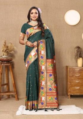 Green Woven Silk Blend Saree Set