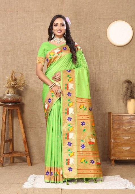 Green Woven Silk Blend Saree Set