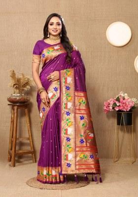 Purple Woven Silk Blend Saree Set