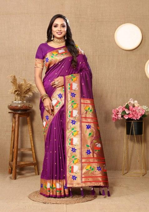 Purple Woven Silk Blend Saree Set
