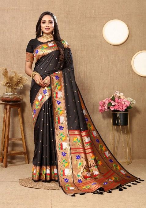 Black Woven Silk Blend Saree Set