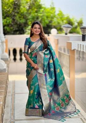 Green Woven Silk Blend Saree Set