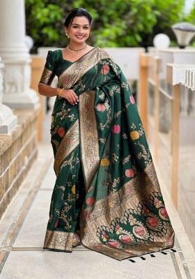 Green Woven Silk Blend Saree Set