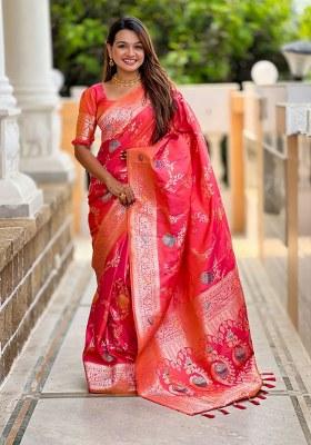 Red Woven Silk Blend Saree Set
