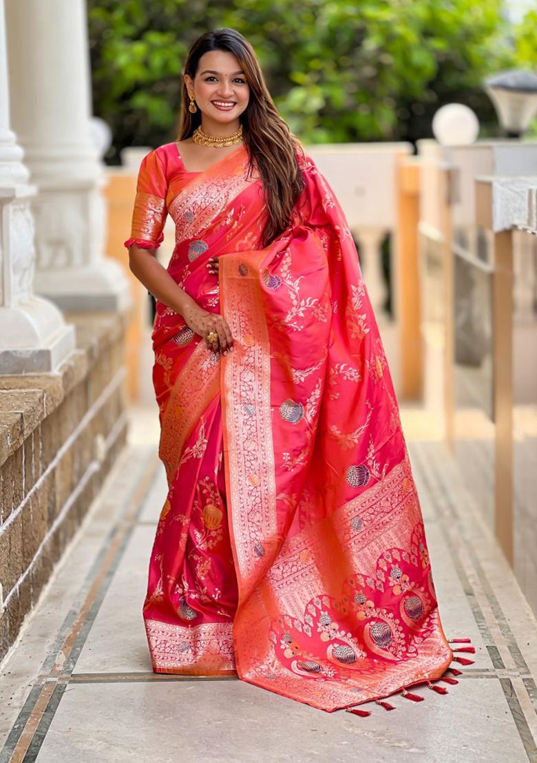Red Woven Silk Blend Saree Set