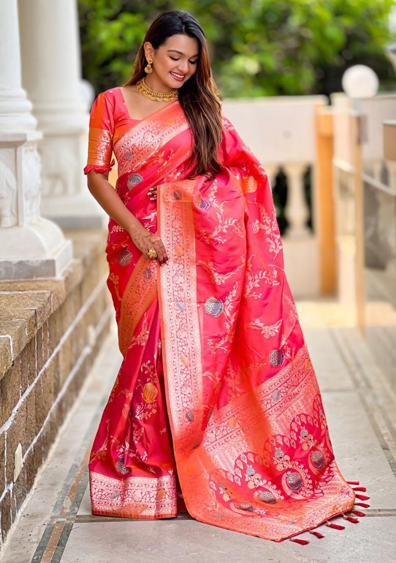 Red Woven Silk Blend Saree Set