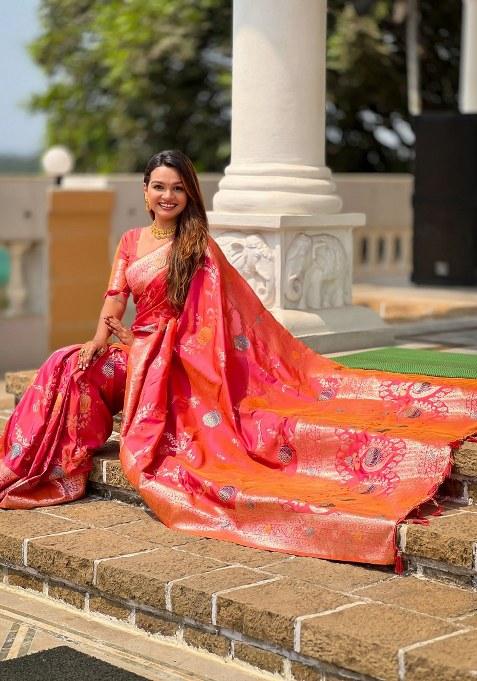 Red Woven Silk Blend Saree Set