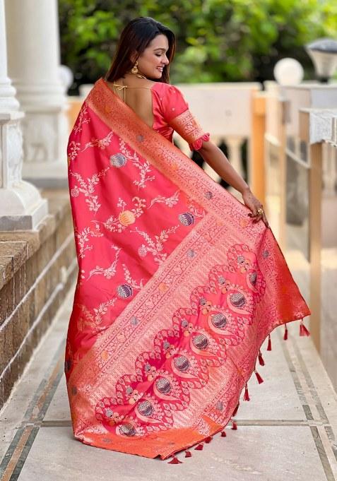 Red Woven Silk Blend Saree Set