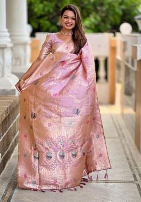 Lavender Woven Silk Blend Saree Set