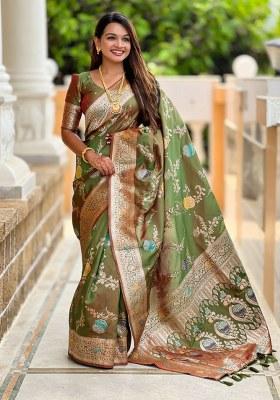 Green Woven Silk Blend Saree Set