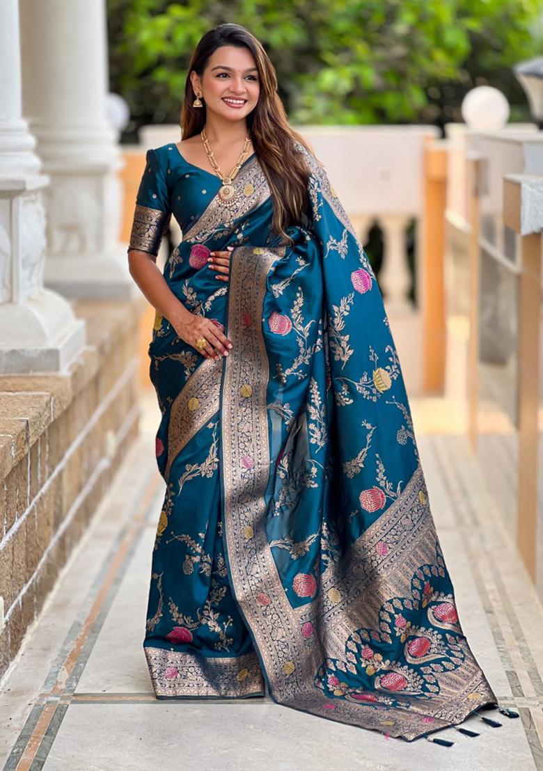 Teal Blue Woven Silk Blend Saree Set