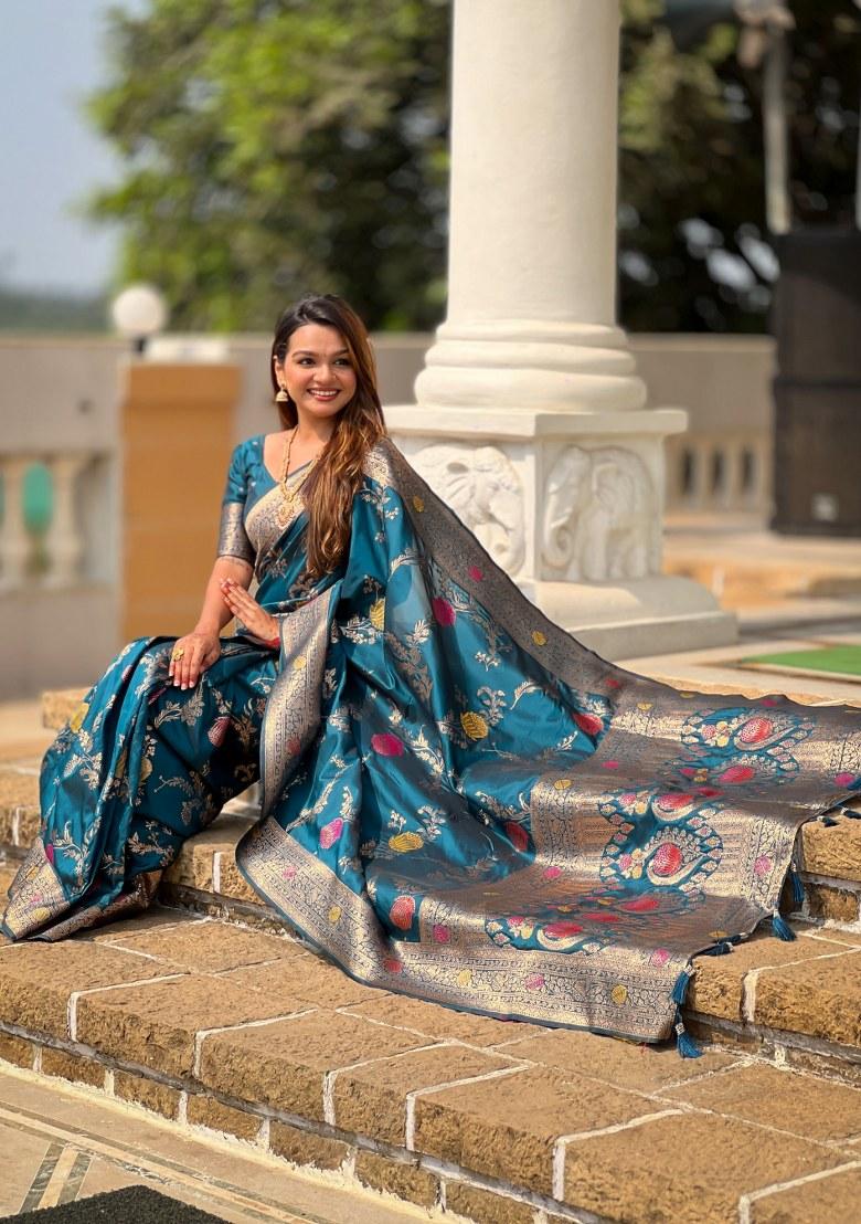 Teal Blue Woven Silk Blend Saree Set