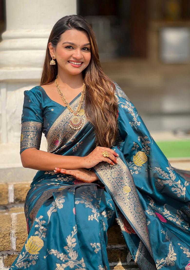Teal Blue Woven Silk Blend Saree Set