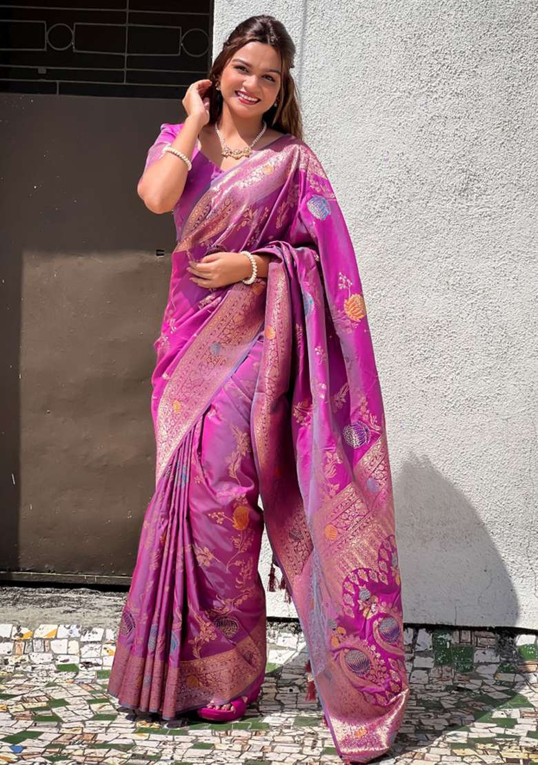 Mauve Woven Silk Blend Saree Set for Diwali and Festive Wear - Indya