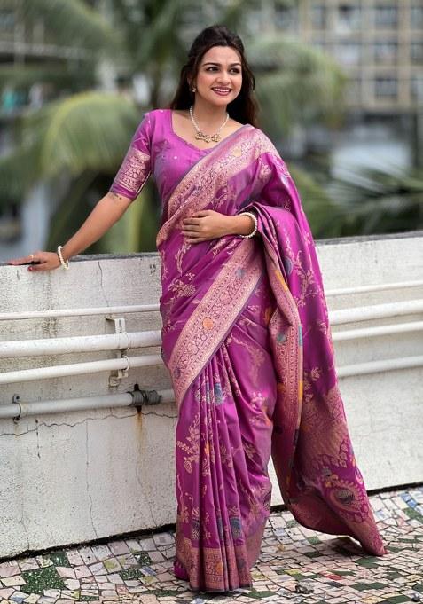 Mauve Woven Silk Blend Saree Set
